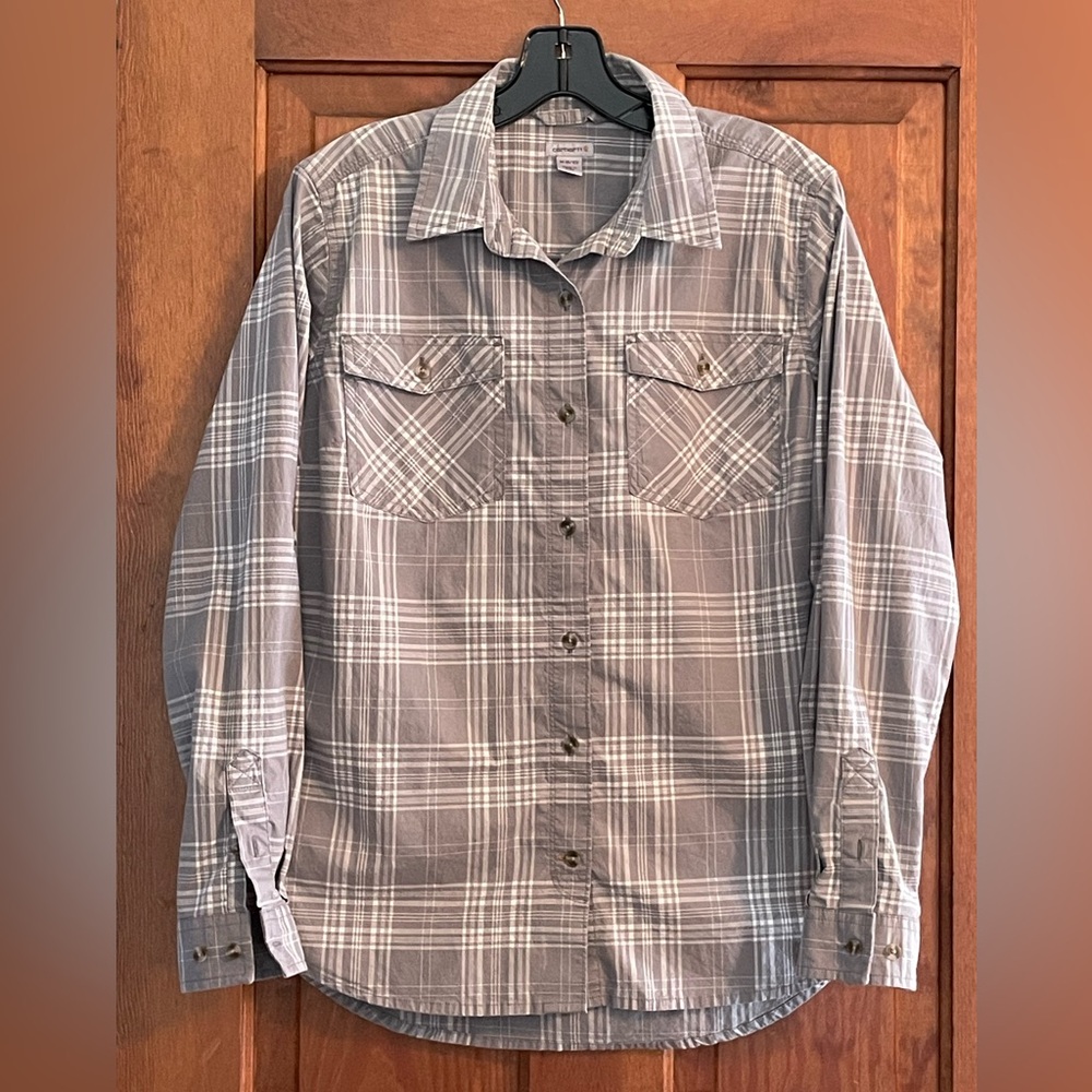 Carhartt Gray & White Plaid Roll Tab Sleeve Button Down Shirt